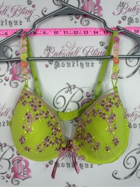 Bra embroidery flowers bow ribbon Lime Green Floral Embroidered Bra